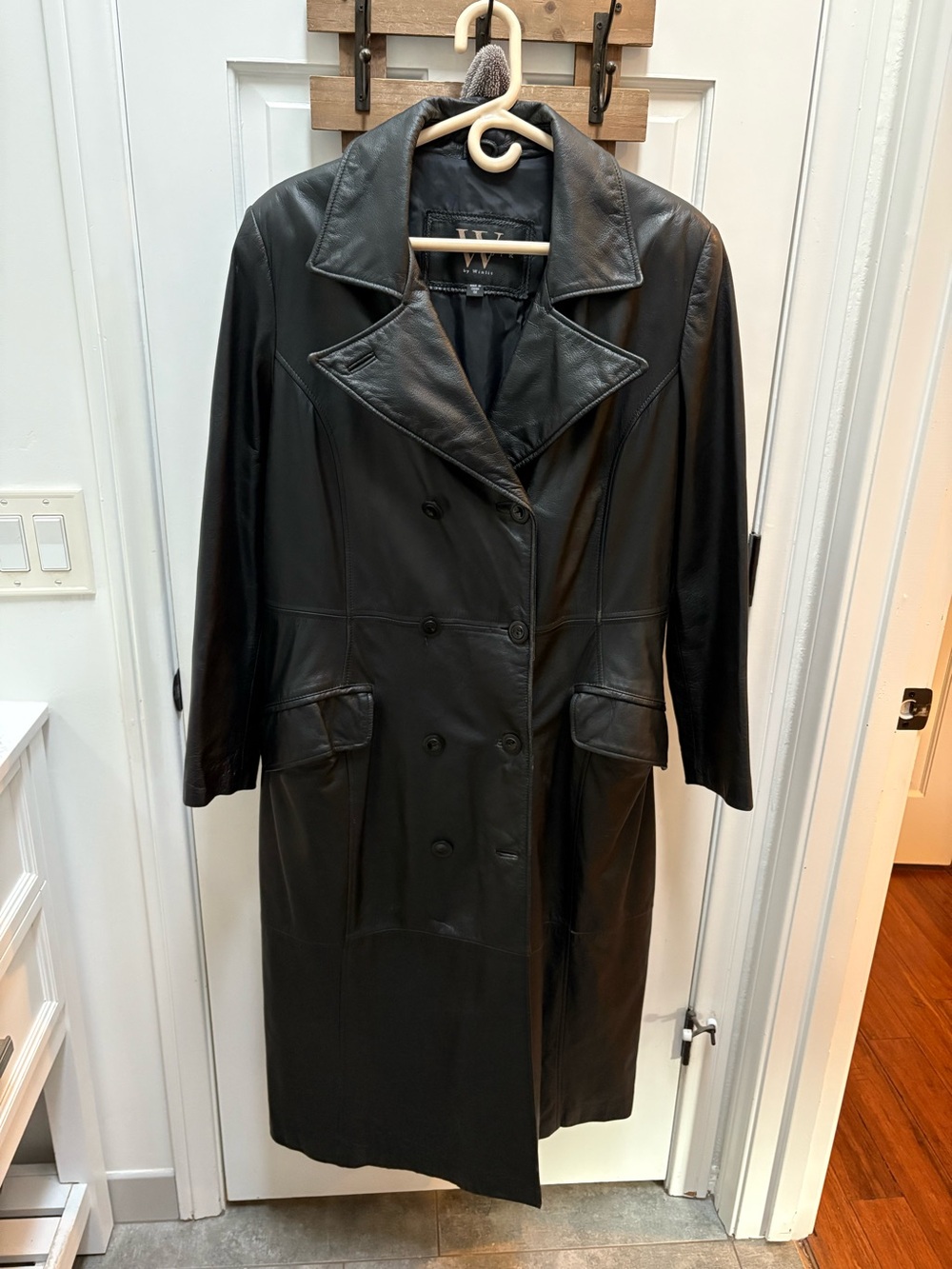Woolrich Black Double-Breasted Leather Coat